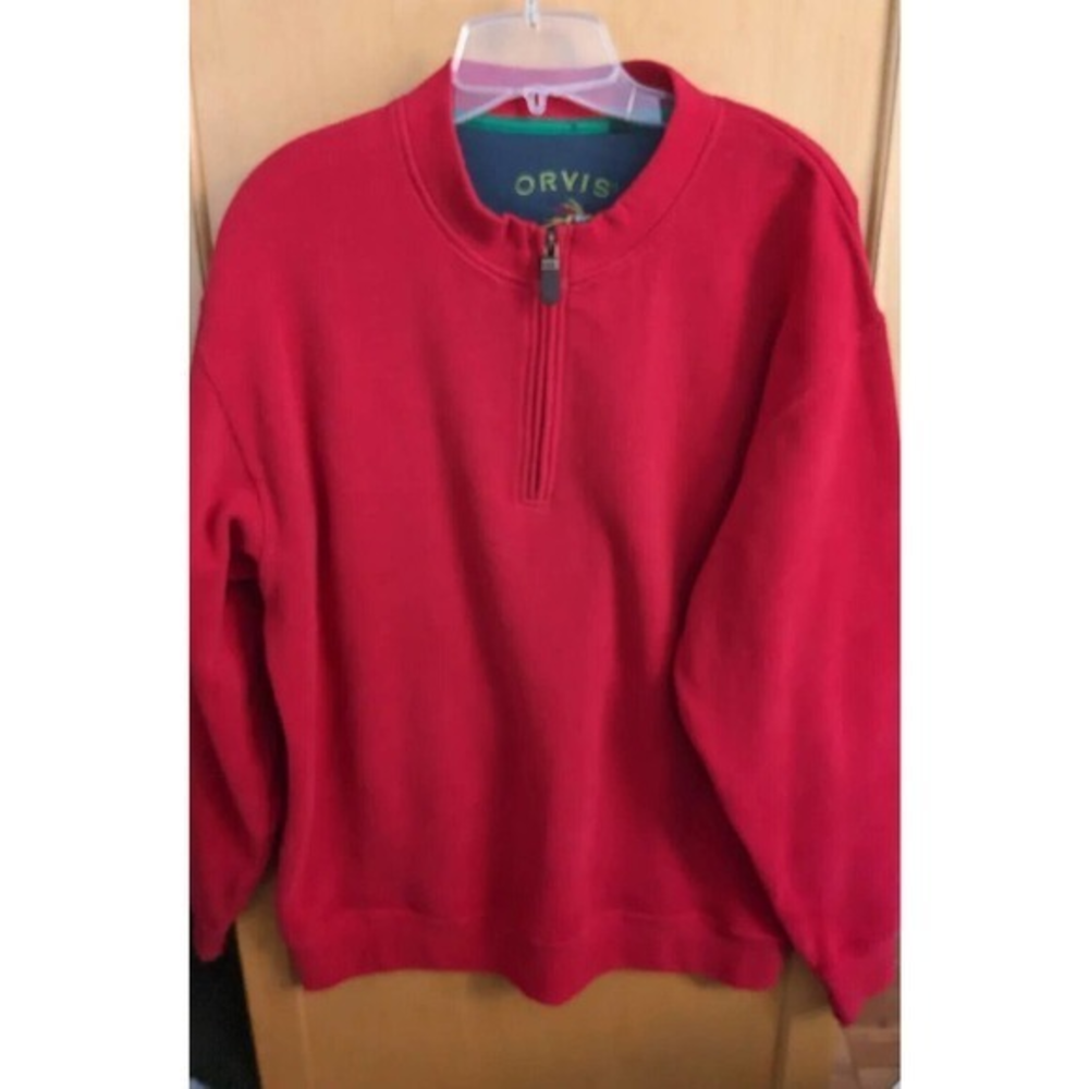 Orvis Mens 1/4 Button Pullover Casual Red Sweatshirt Sz L -xl cotton